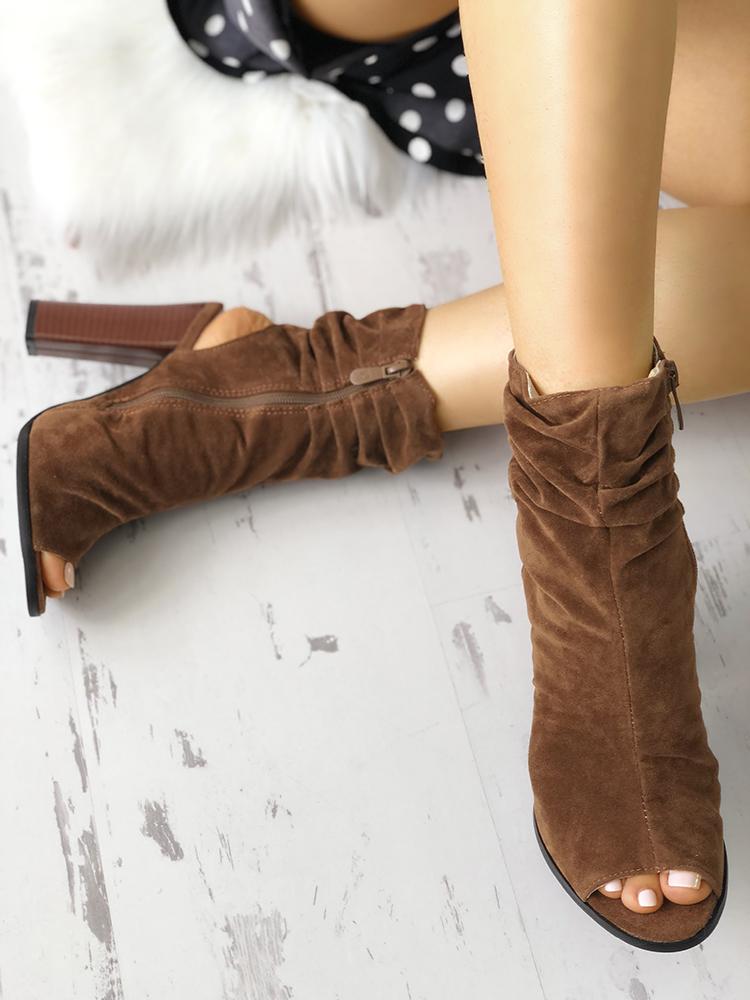 

Zipper Up Peep Toe Slingbacks Chunky Heeled Boots, Coffee