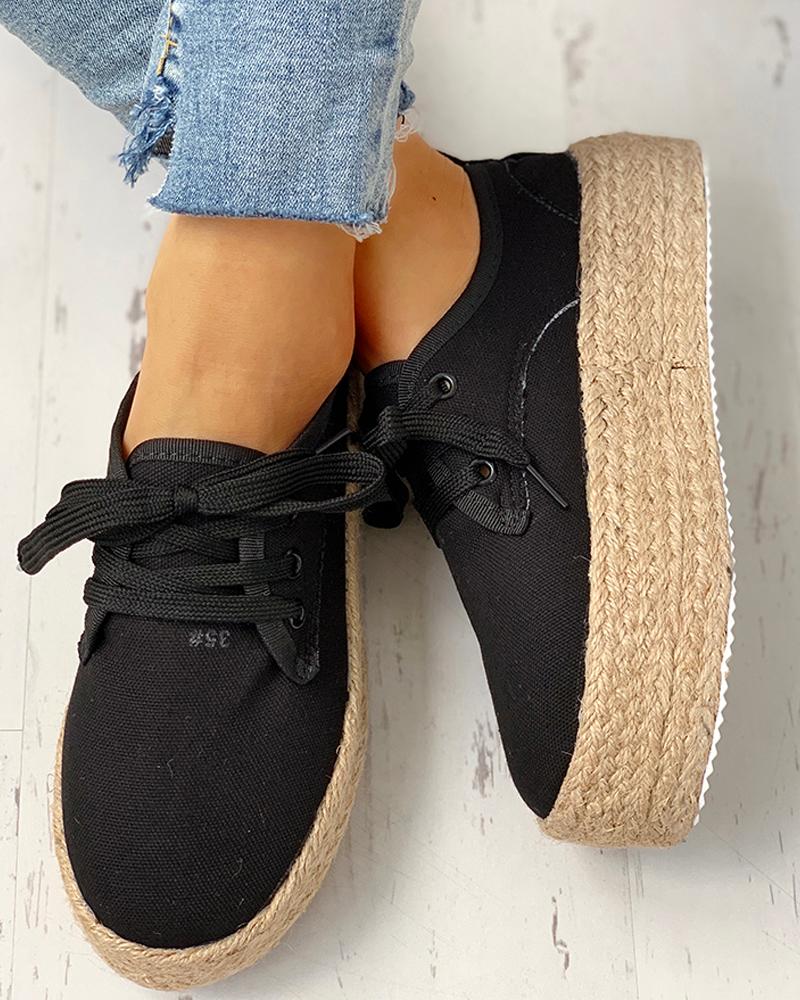 

Solid Eyelet Lace-Up Muffin Espadrille Casual Sneakers, Black