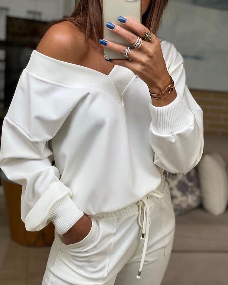 

V-neck Long Sleeve Casual Sweatshirt, White