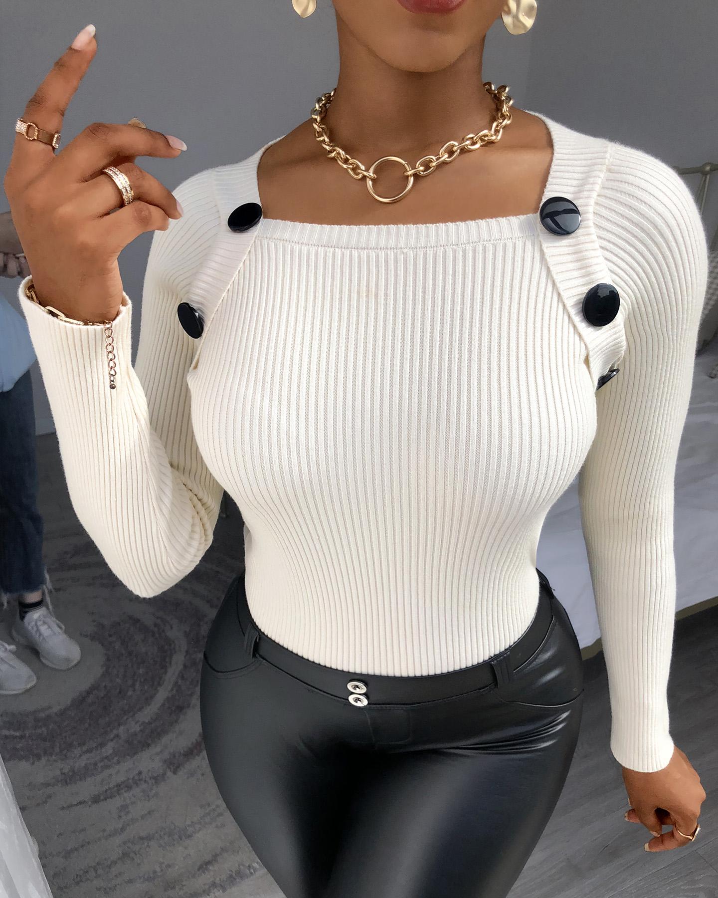 

Button Design Long Sleeve Knit Sweater, White
