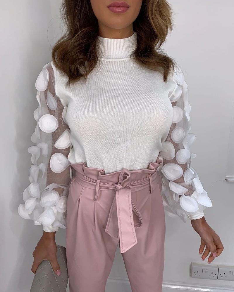 

High Neck Mesh Sleeve Ribbed Top, White