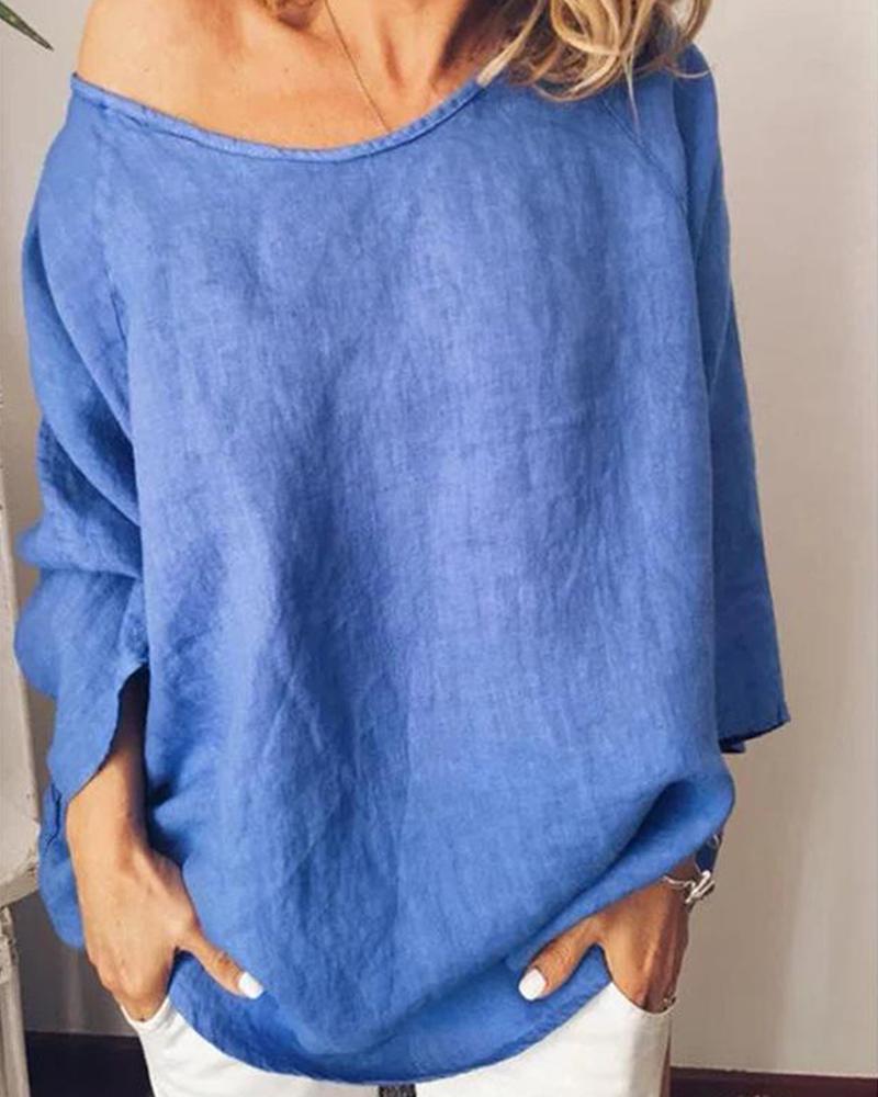 

Women' cotton and linen solid color loose tops T-shirt, Blue