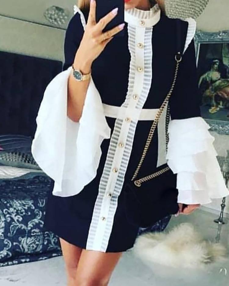 

Ruched Frill Hem Layered Mesh Cuff Dress