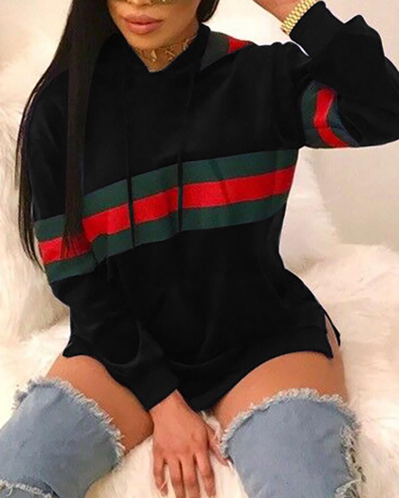 

Colorblock Striped Hooded Drawstring Design Sweatshirt Dress, Black