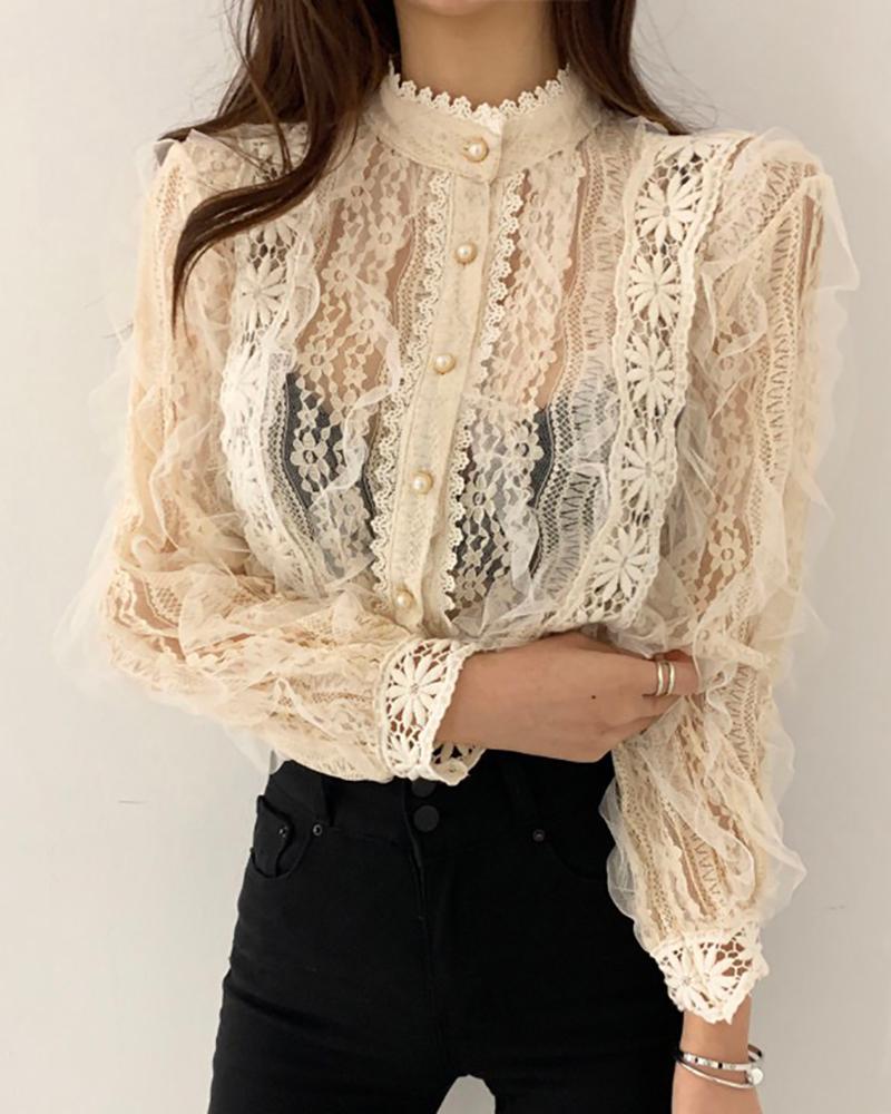 

SheerBlouse Mesh Crochet Lace Blouse, Apricot