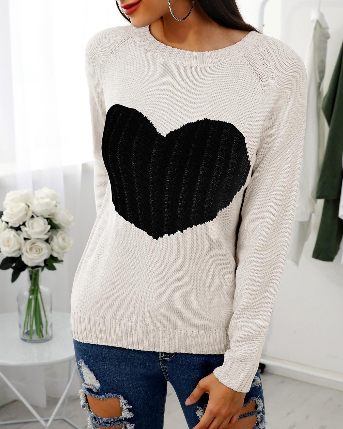

Heart Pattern Long Sleeve Casual Sweater, Beige