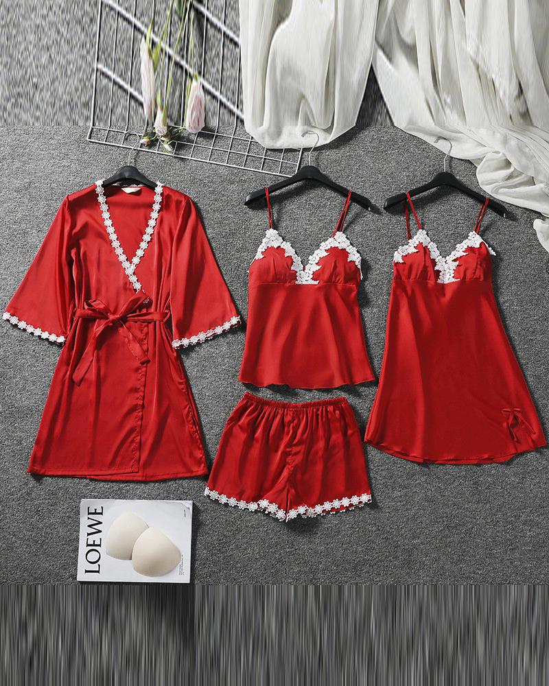 

5Pcs Satin Pajama Set, Red