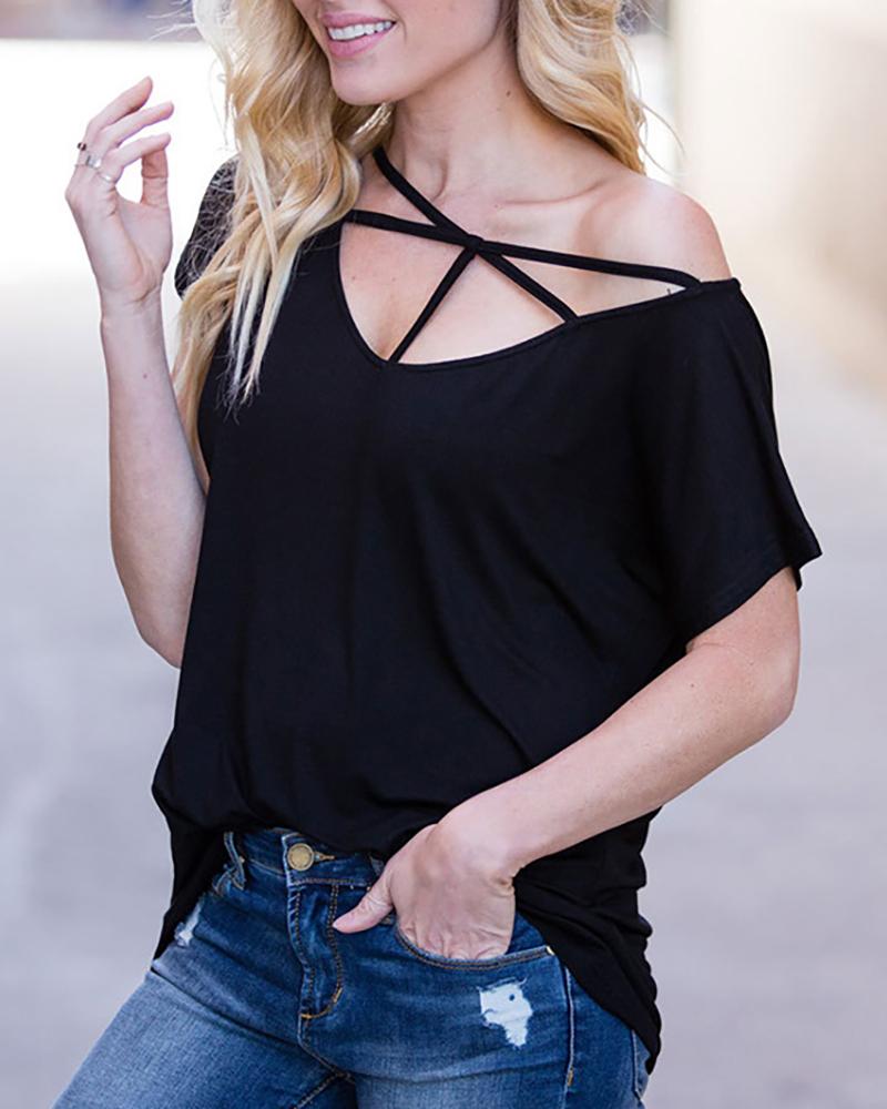 

Solid Short Sleeve Crisscross Strap T-shirt, Black