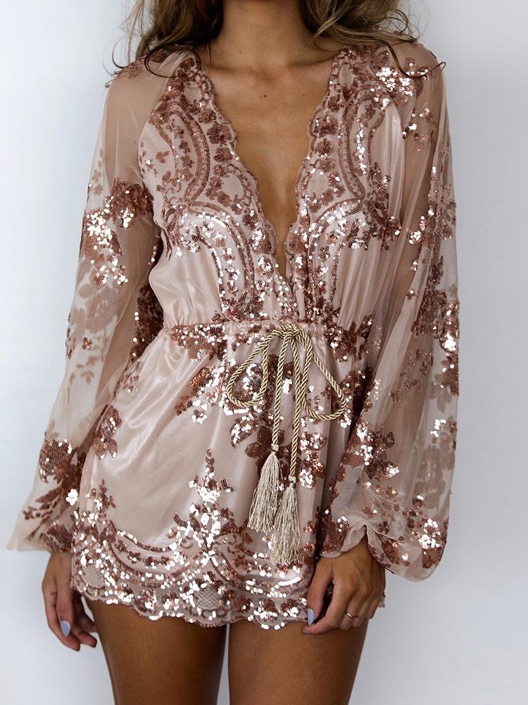 

Sequins Deep V Drawstring Romper, Gold