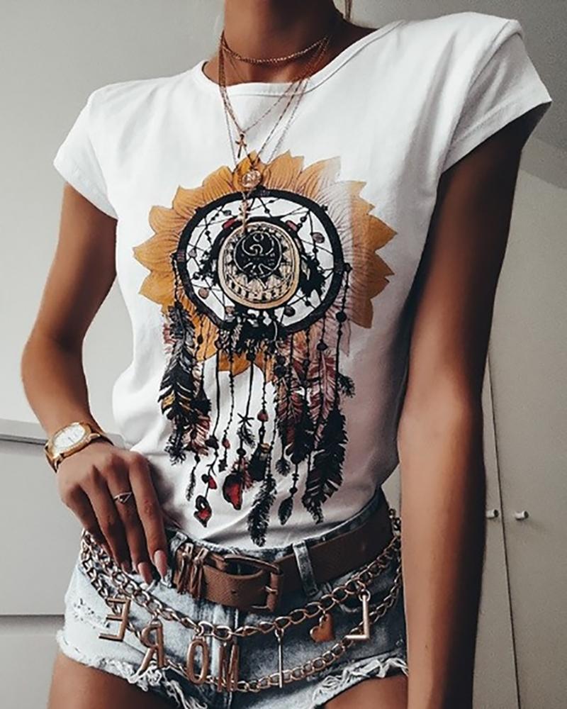 

Dreamcatcher Print Short Sleeve Casual T-shirt, White