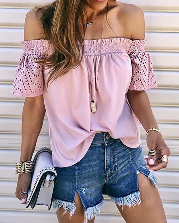

Solid Shirring Off Shoulder Hollow Out Top