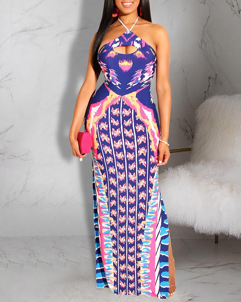 

Exotic Printed Halter Maxi Dress, Purple