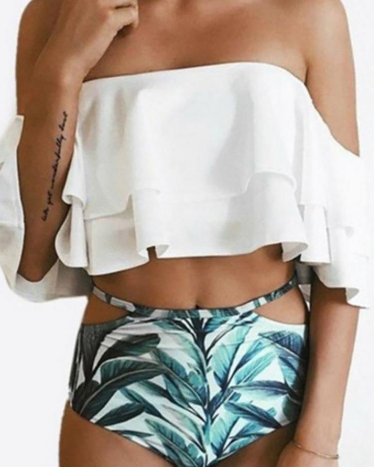 

Layered Ruffles Leaf Print Cut Out Bikini, White