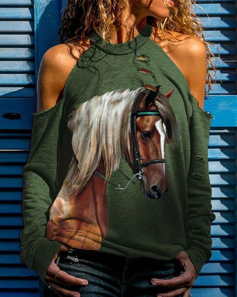 

Cold Shoulder Horse Print Cutout Top, Army green