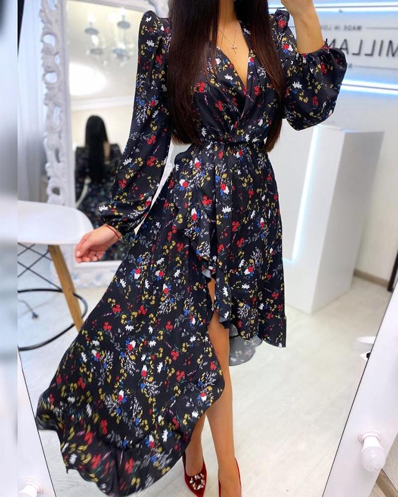 

Floral Long Bubble Sleeve Handkerchief Hem Dress, Black