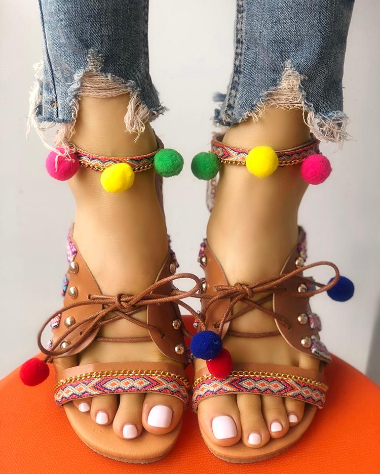 

Boho Style Pom Pom Lace-up Flat Sandals, Multicolor