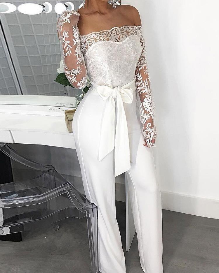 

Off Shoulder Belted Lace Bodice Jumpsuit
