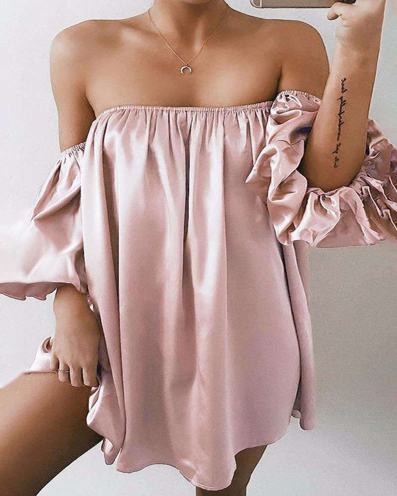

Off Shoulder Ruched Lantern Sleeve Satin Blouse, Pink