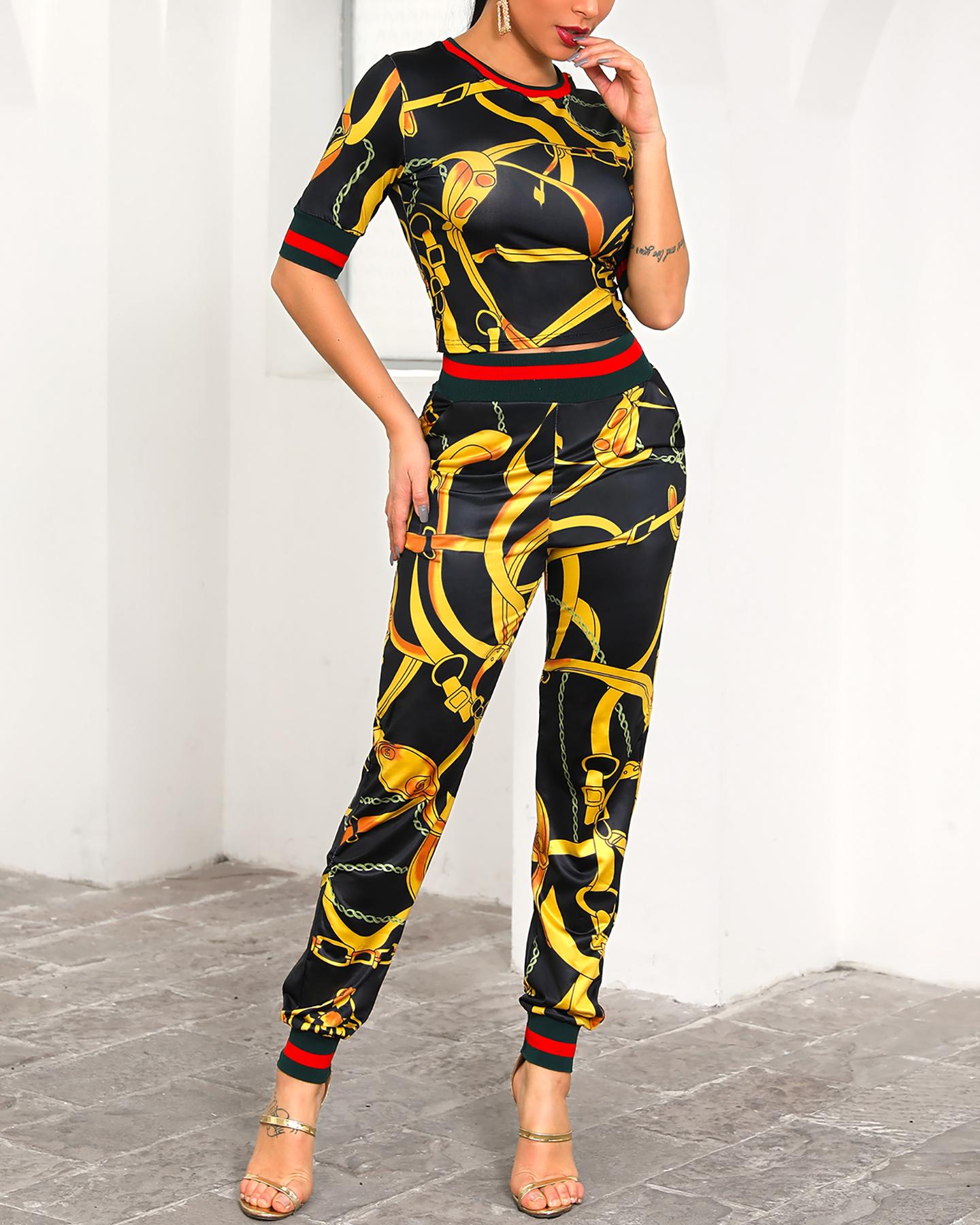 

Chain Print Striped Tape Insert Top & Pant Sets