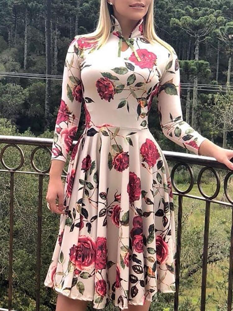 

Floral Print Long Sleeve Casual Pleated Dress