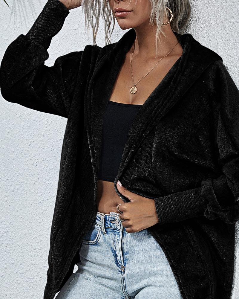

Velvet Plain Long Sleeve Casual Coat, Black