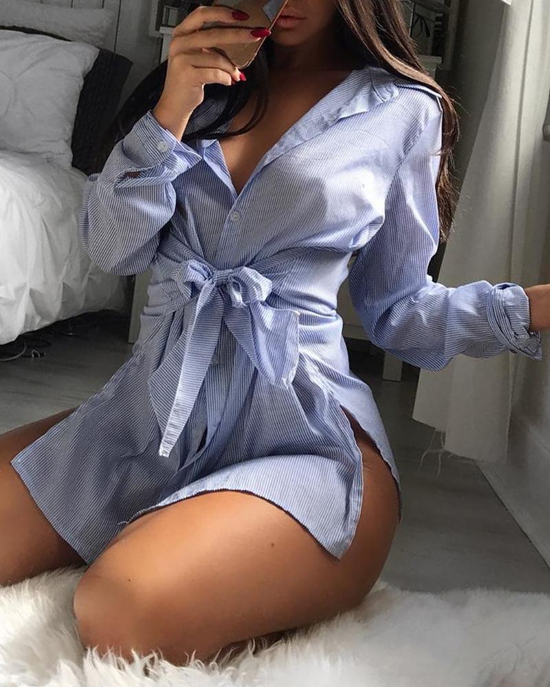 

Striped Bottoned Knotted Slit Shirt Dress, Blue