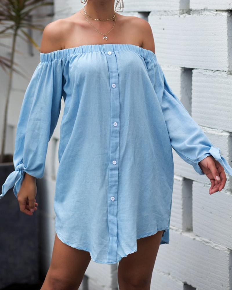 

Off-Shoulder Button Up Mini Dress, Blue