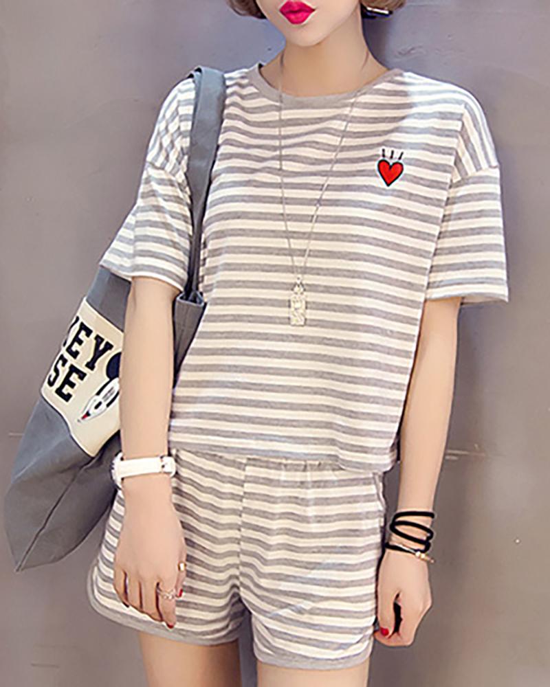 

Short Sleeve Striped Print Pajamas Set, White