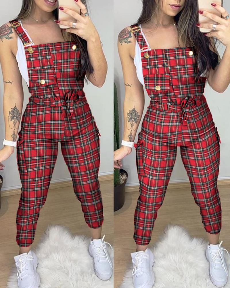 

Plaid Buckled Pocket Design Suspender Jumpsuit, Red