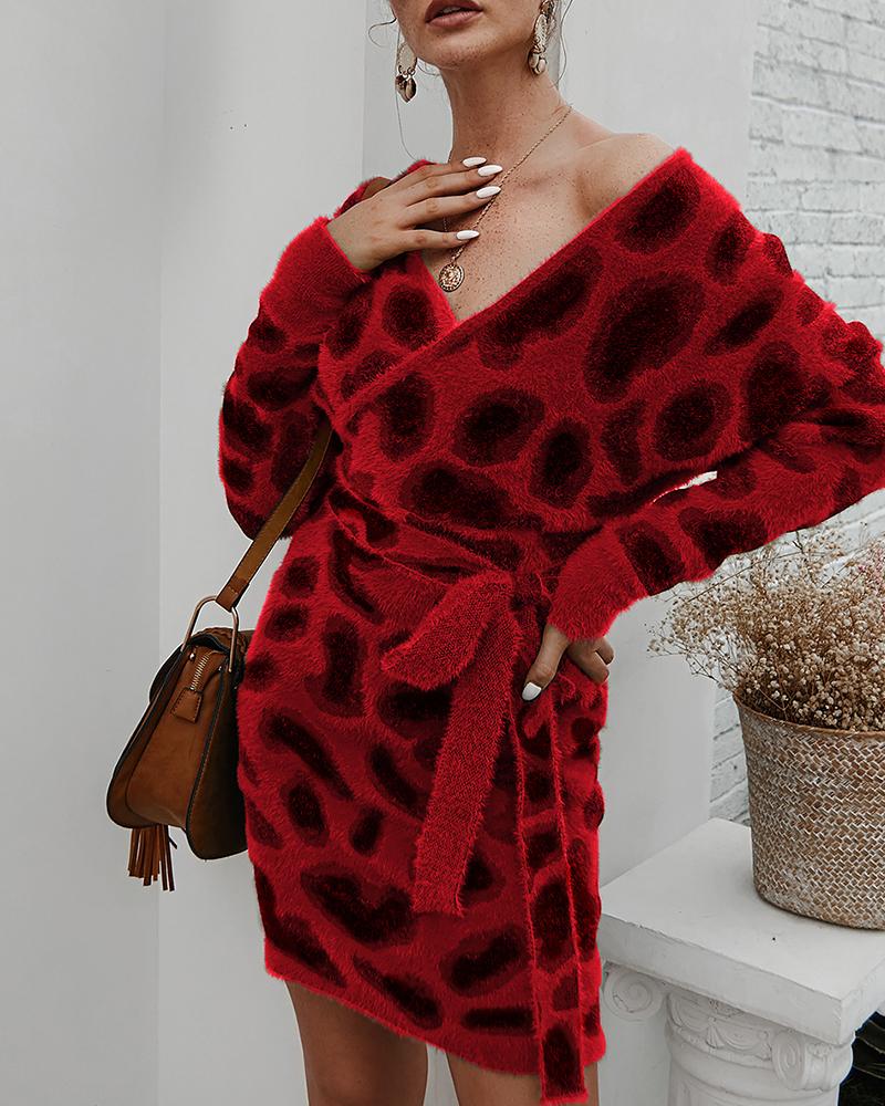 

Cheetah Print Fluffy Long Sleeve Dress, Red
