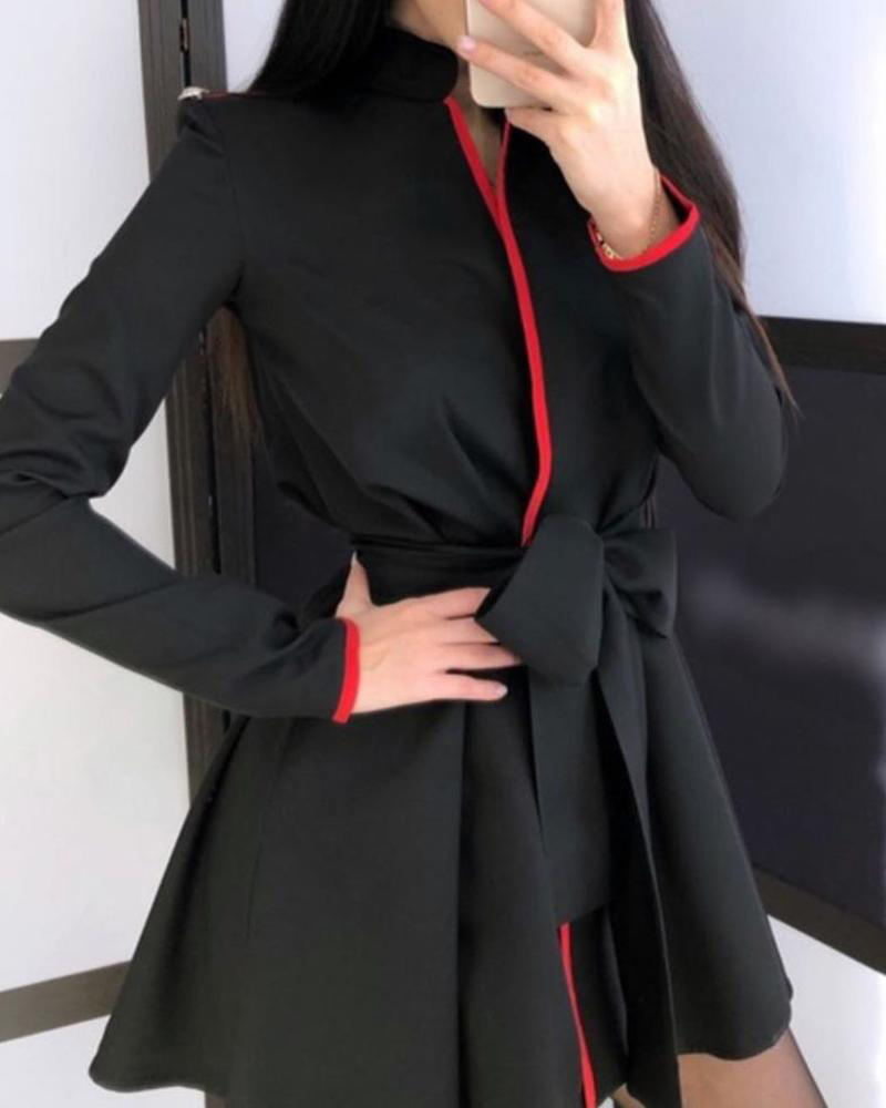 

Contrast Binding Bird Pattern Wrap Coat, Black