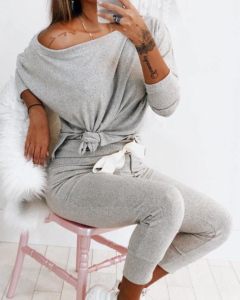 

Solid Knotted Top & Pants Set, Gray