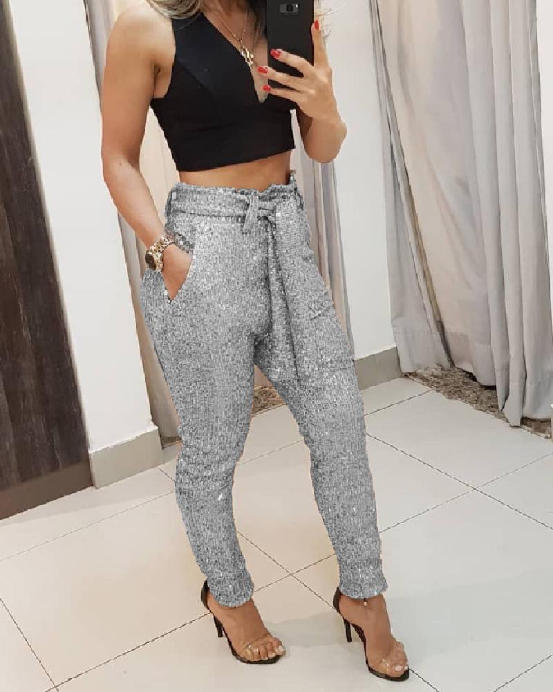 

Sequins Belted Slinky Pencil Pant, Silver