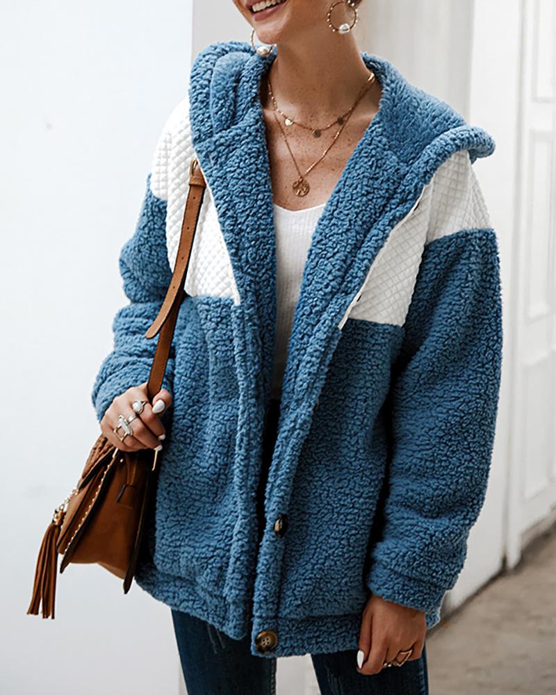 

Colorblock Button Design Fluffy Hooded Coat, Dark blue