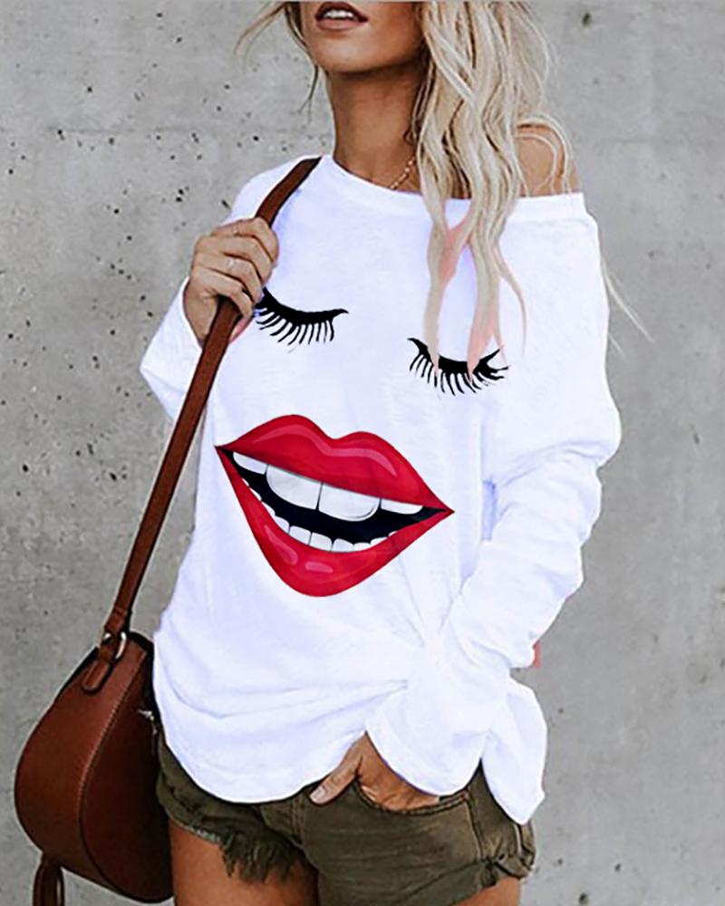 

Long Sleeve Figure Print Casual T-Shirt, White