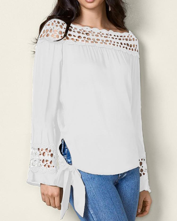 

Lace Hollow Out Knot Side Blouse