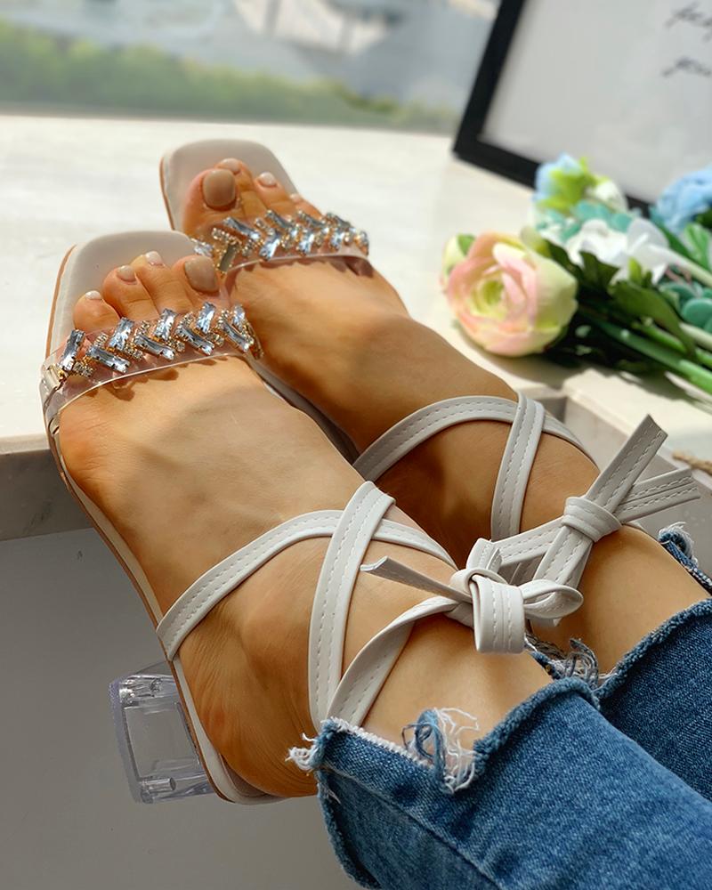 

Studded Transparent Chunky Heeled Sandals, Beige