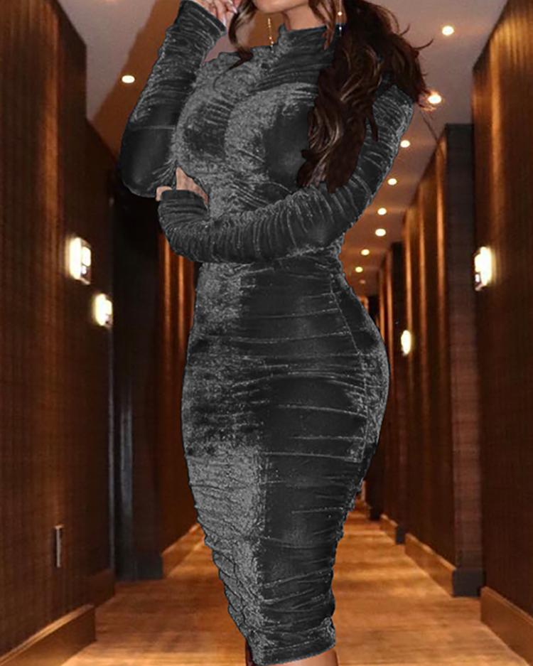 

Velvet Mock Neck Ruched Bodycon Dress, Gray