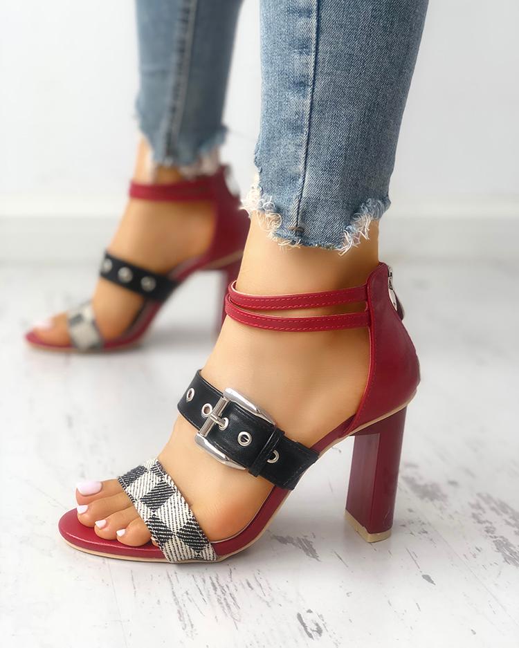 

Grid Buckled Zipper Chunky Heeled Sandals