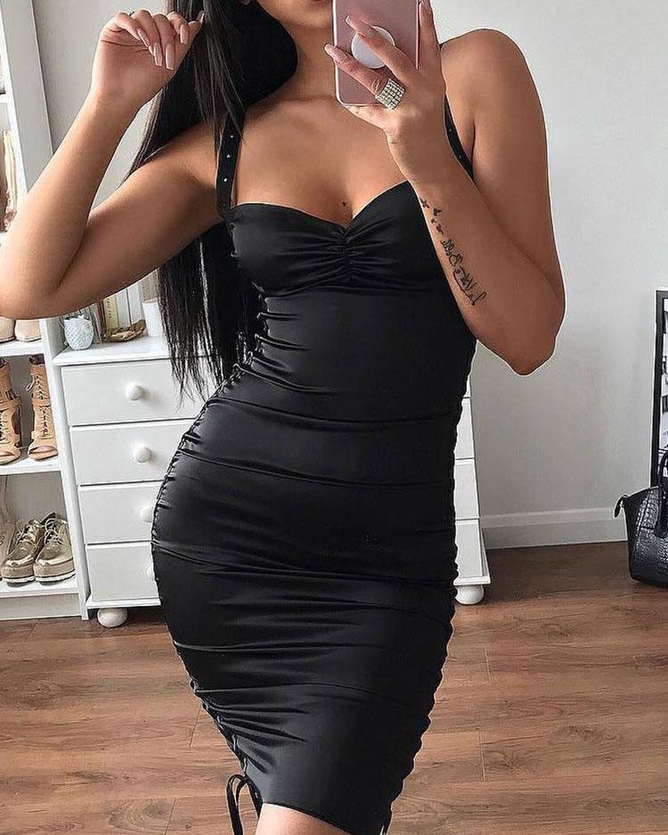 

Lace-Up Side Ruched Slit Back Party Dress