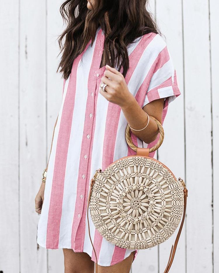 

Contrast Stripes Button Through Casual Dress, Pink