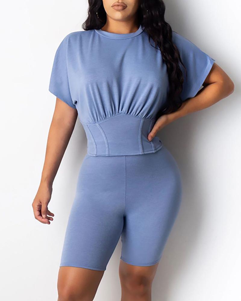 

Solid Round Neck Top & Shorts Set, Dark blue