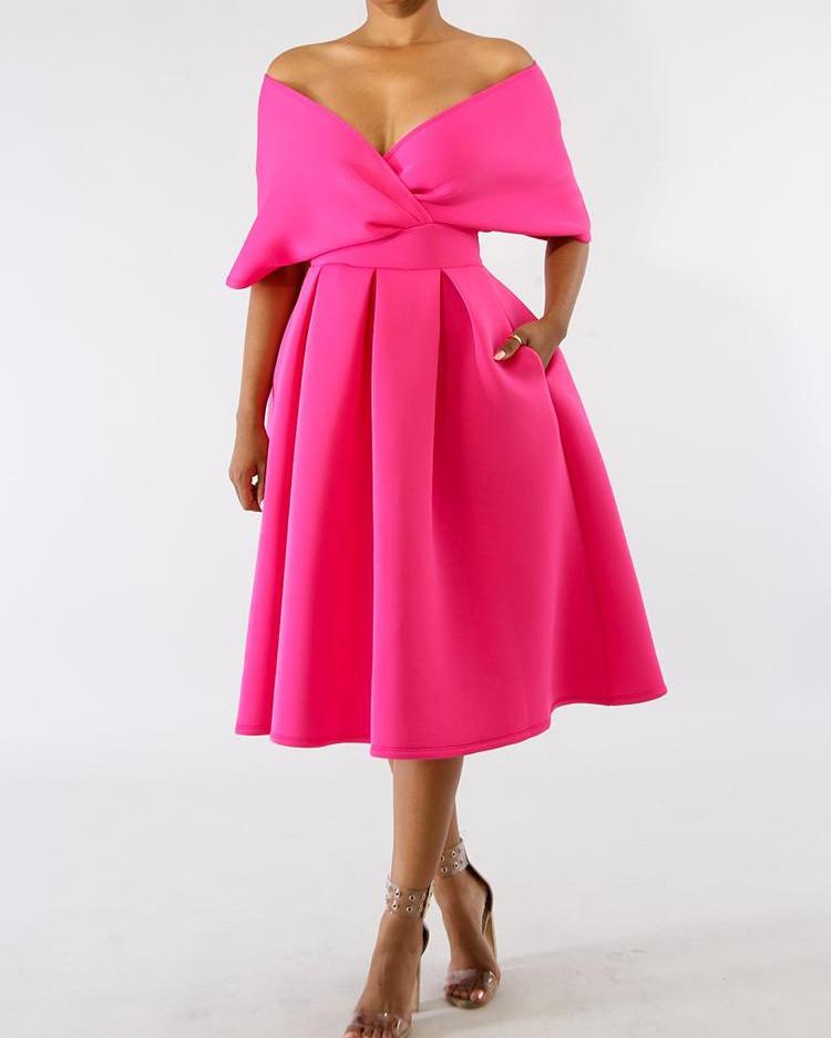 

Solid Zipper Back Batwing Sleeve Pleated Dress, Hot pink
