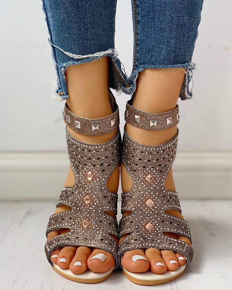 

Studded Cut Out Wedge Sandals, Gold