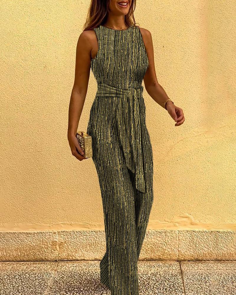 

Glitter Round Neck Sleeveless Jumpsuit, Yellow