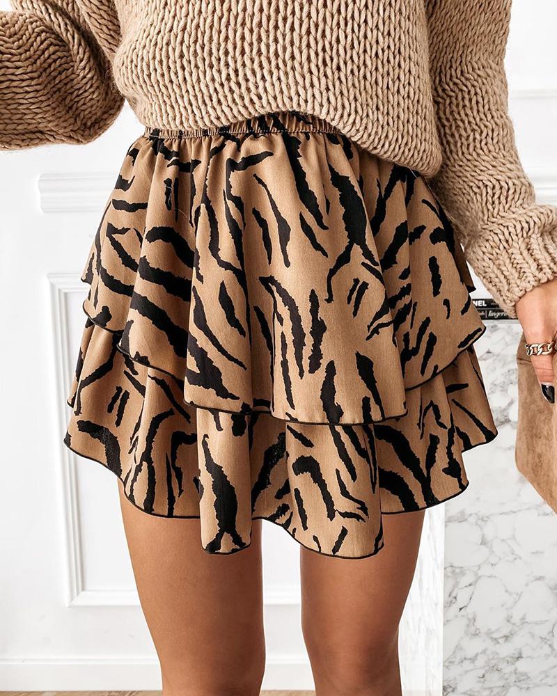 

Cheetah Print Ruffles Layered Skirt, Brown
