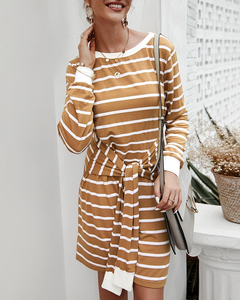 

Striped Colorblock Long Sleeve Knotted Casual Dress, Khaki