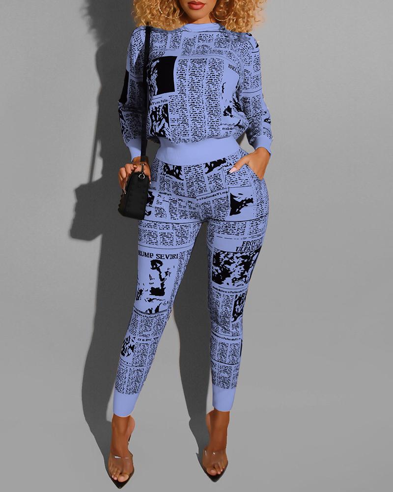 

Newspaper Print Long Sleeve Top & Pants Sets, Blue