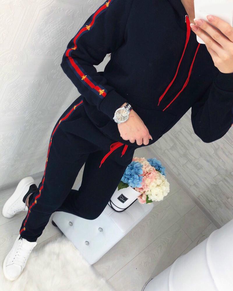 

Bee Pattern Colorblock Hooded Top & Drawstring Pants Set, Dark blue