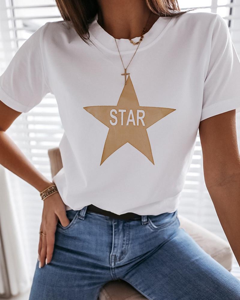 

Star Letter Print Short Sleeve Casual T-shirt, White